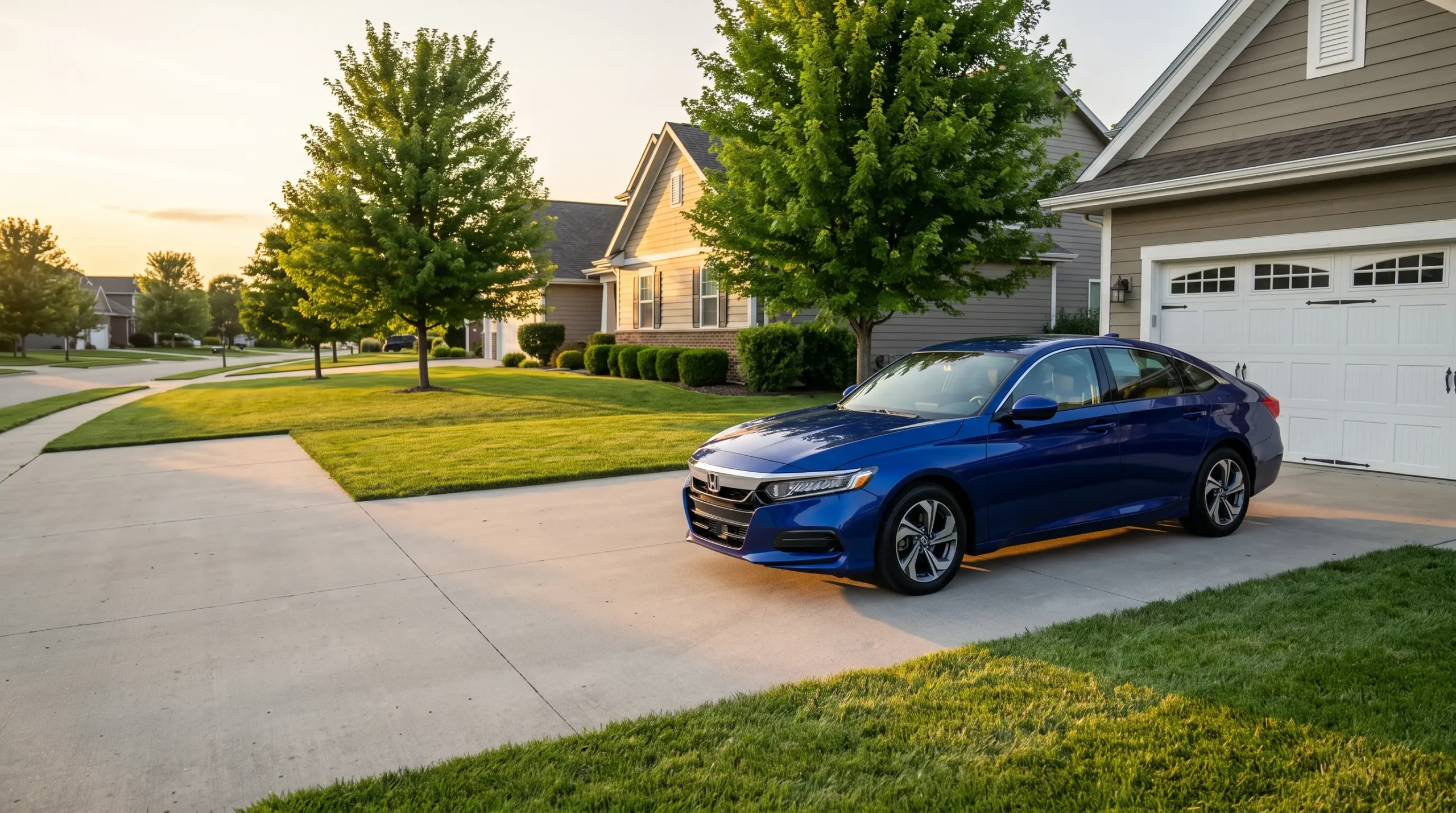 A blue sedan parked on a concrete driveway in a suburban neighborhood with houses and green lawns.