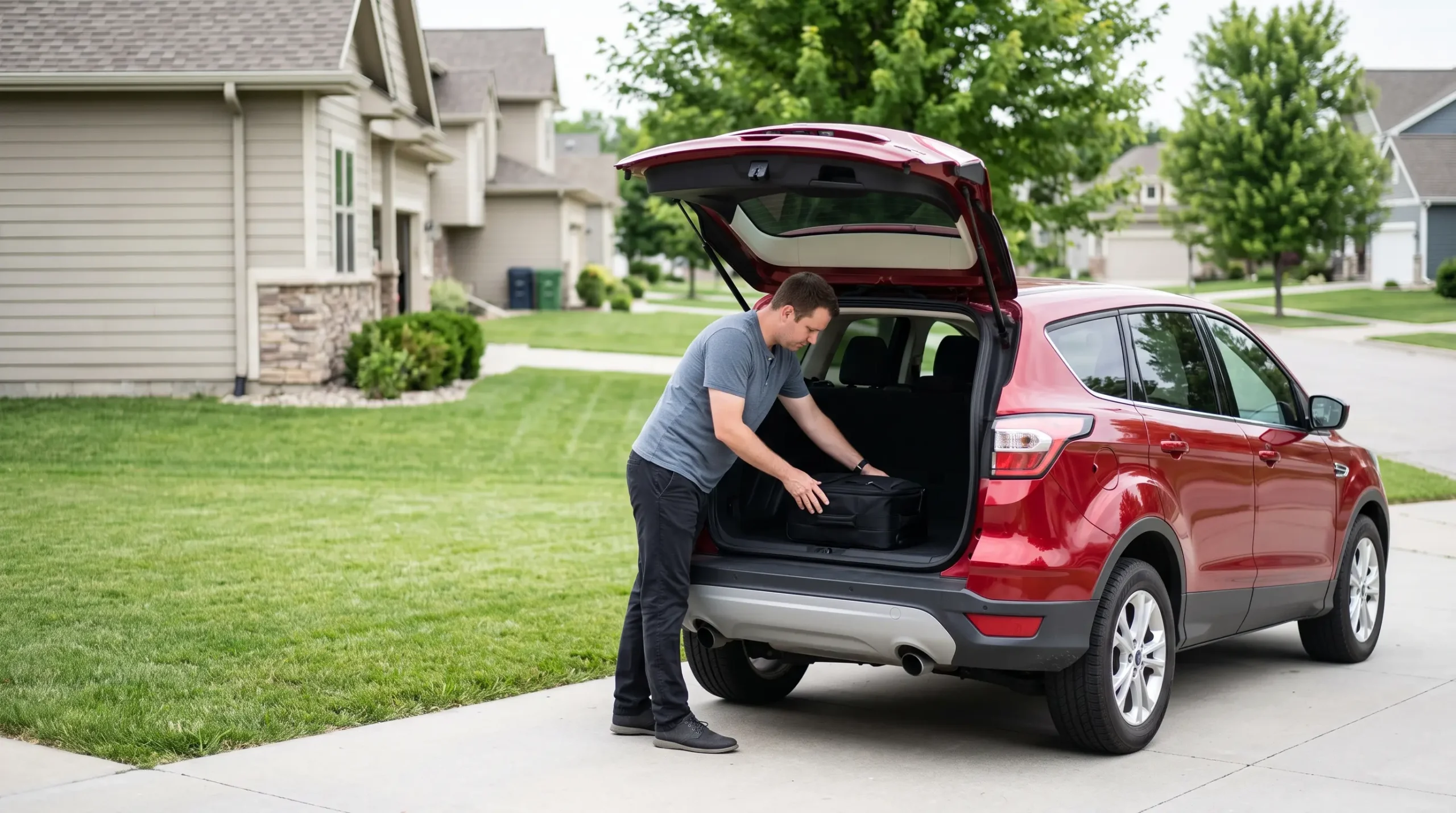 A man loads a black bag into the open trunk of a red SUV parked in a suburban driveway.