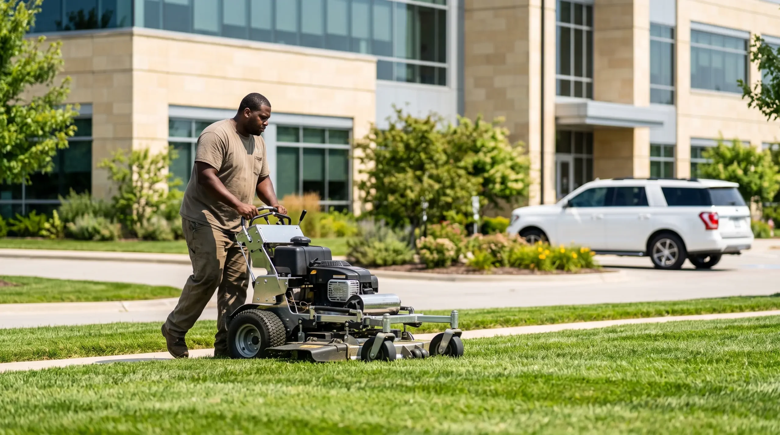 A man pushes a commercial lawn mower across green grass outside an office building.