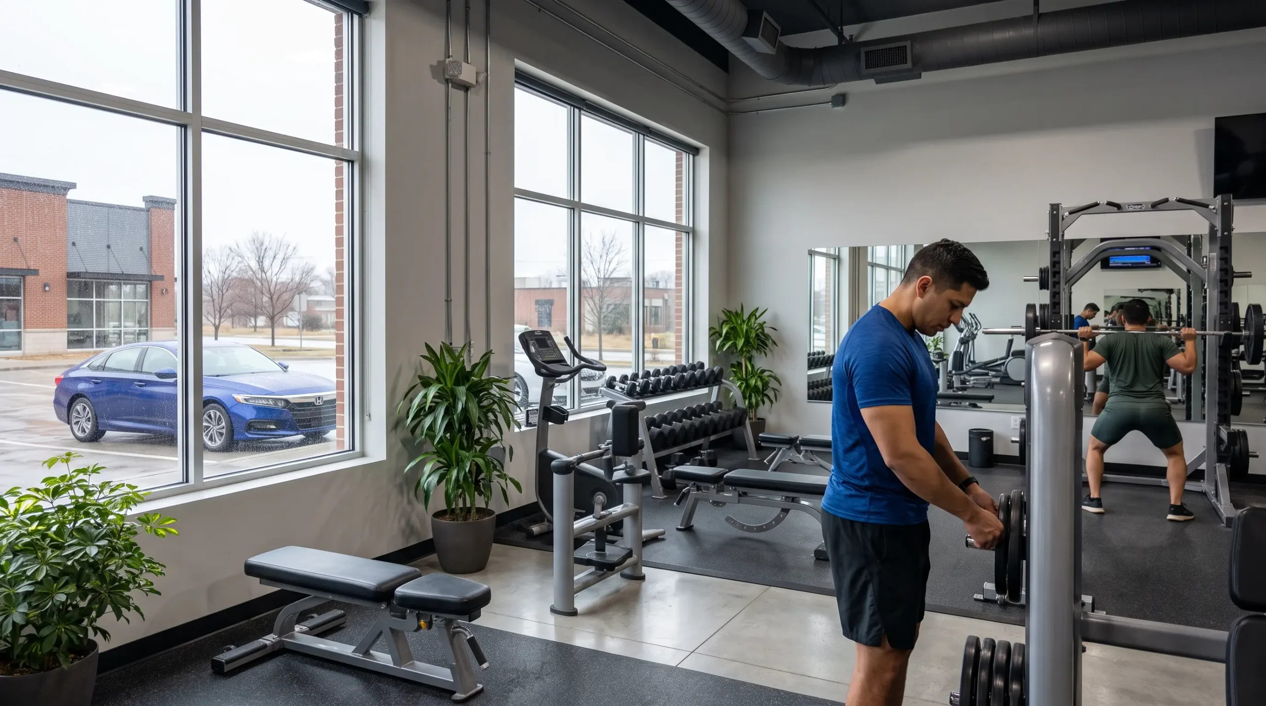 A man in a blue shirt stands inside a gym with weight benches, dumbbell racks, and large windows.