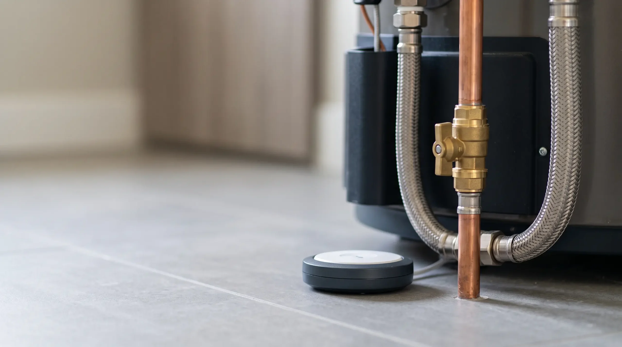 A round water leak sensor sits on a tiled floor beside a water heater and copper pipes.